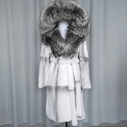 Women's coat with hood and faux fur trim, gray-white