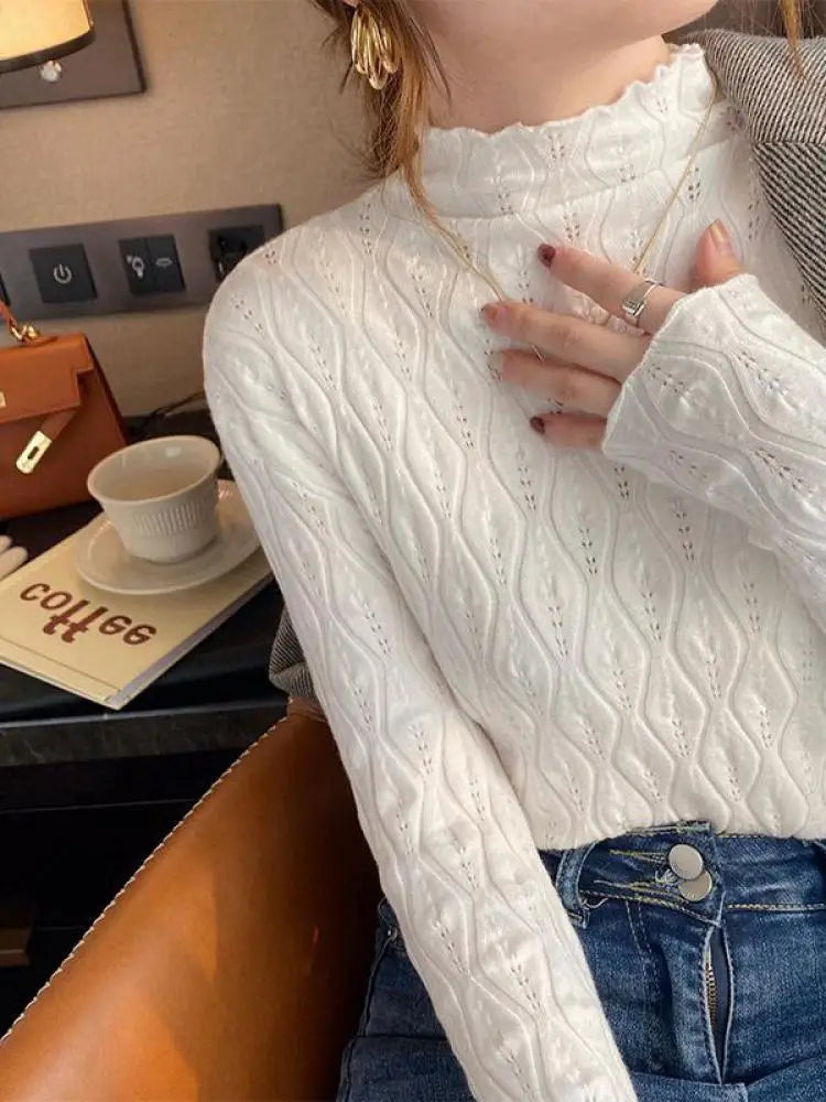 Women's stand-up collar long-sleeved fine-knit sweater with wave pattern