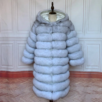 Women's winter faux fur coat with hood, long sleeves, warm jacket, striped