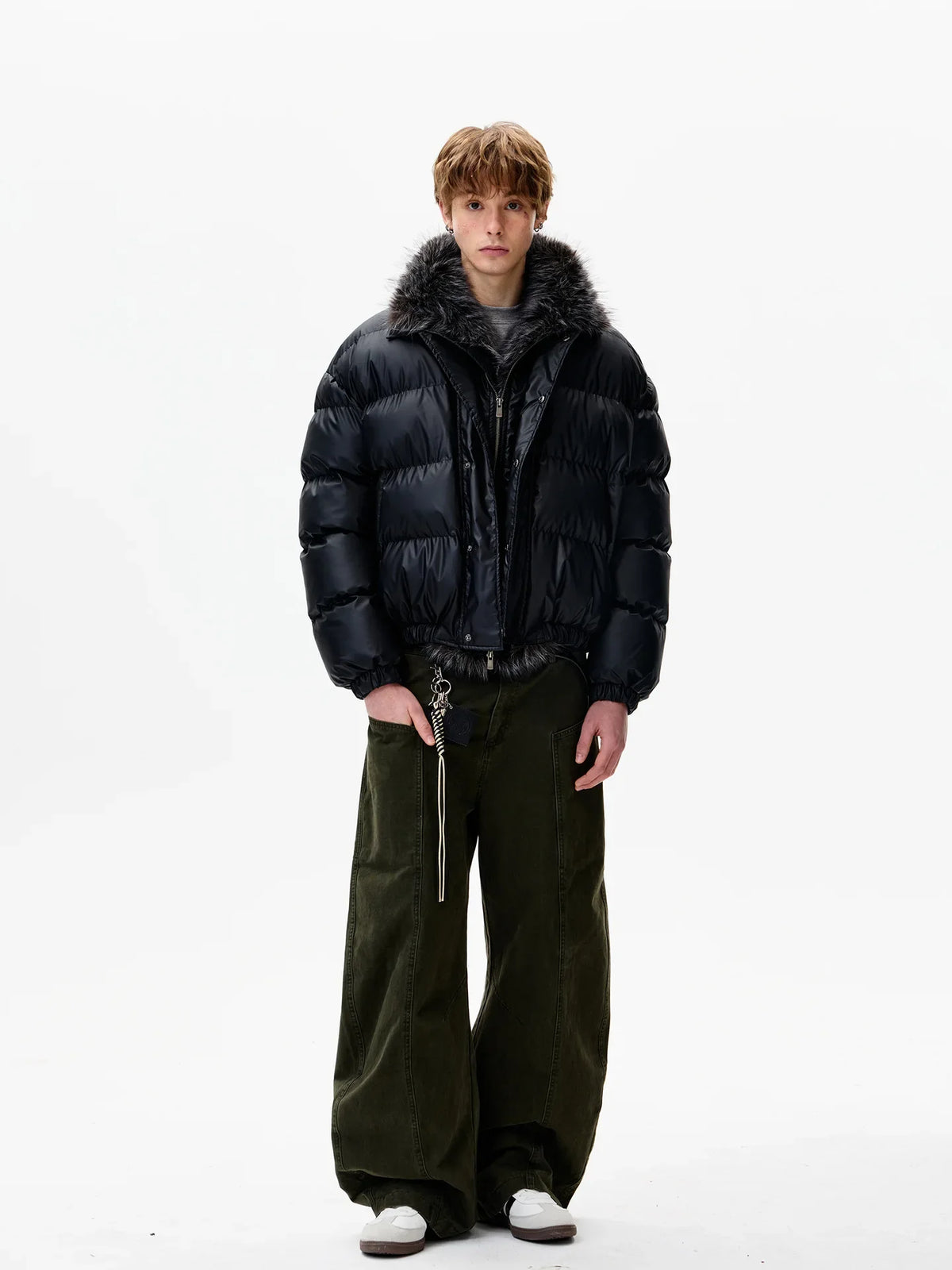 Men's black quilted jacket with faux fur collar, bomber jacket style