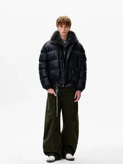 Men's black quilted jacket with faux fur collar, bomber jacket style