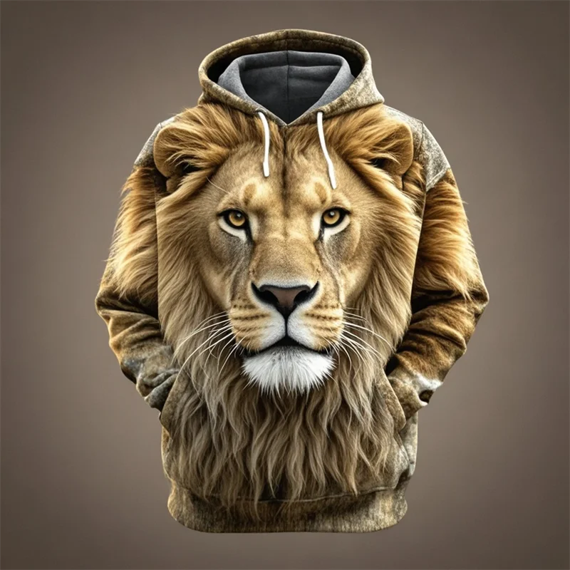 Hoodie with lion head print, beige/brown