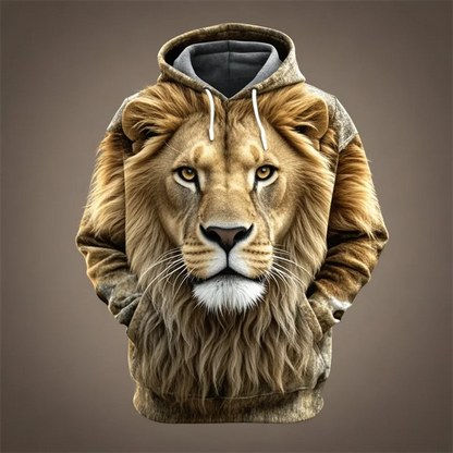 Hoodie with lion head print, beige/brown