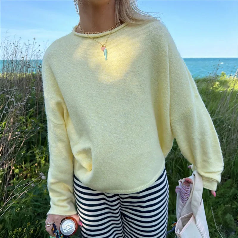 Gelber Oversized Pullover Damen Langarm Rundhals Feinstrick