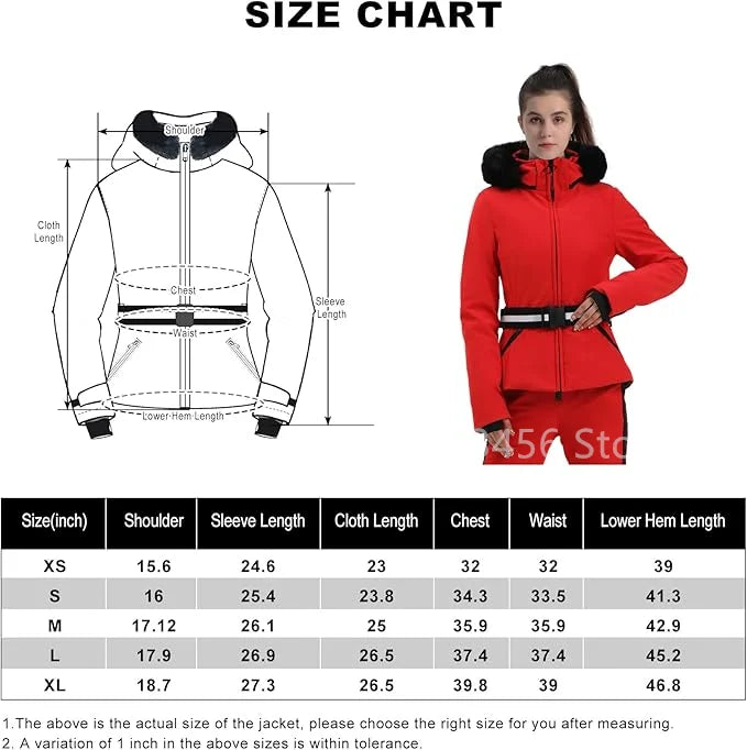 Women's ski jacket with check pattern and faux fur hood, belt, water-repellent