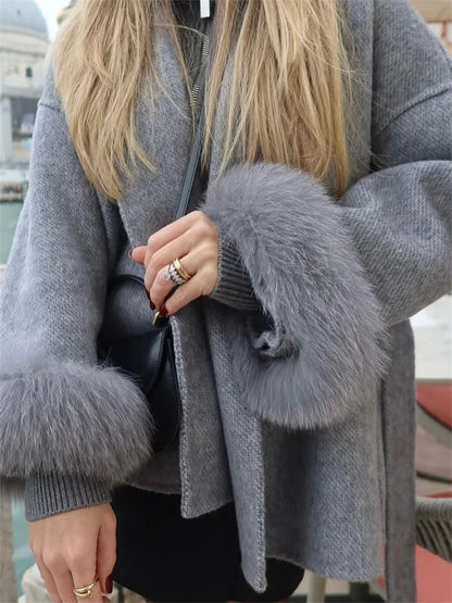 Short women's wrap coat with faux-fur sleeves and tie belt