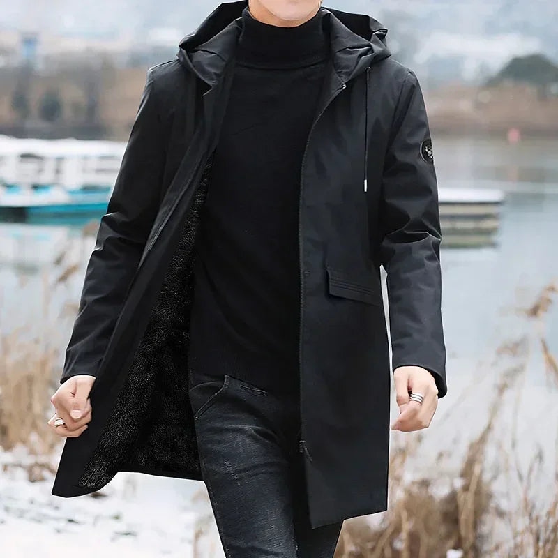 Herren Winterjacke mit Kapuze, schwarz, mittellang, Fleece-gefüttert