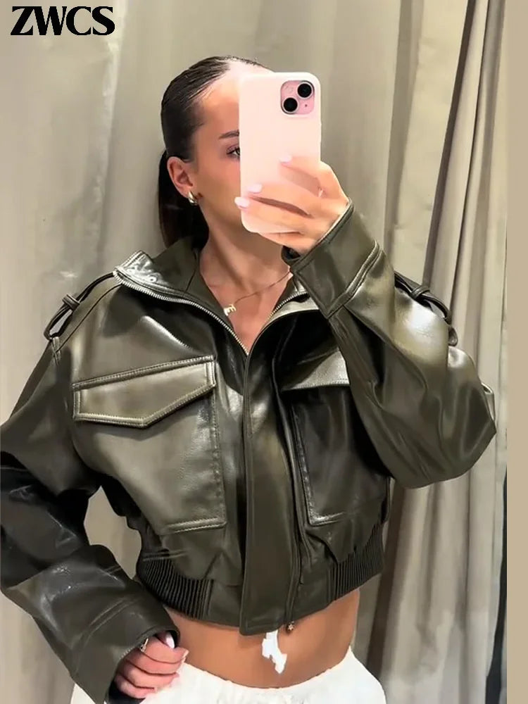 Women's short leather-look bomber jacket with stand-up collar