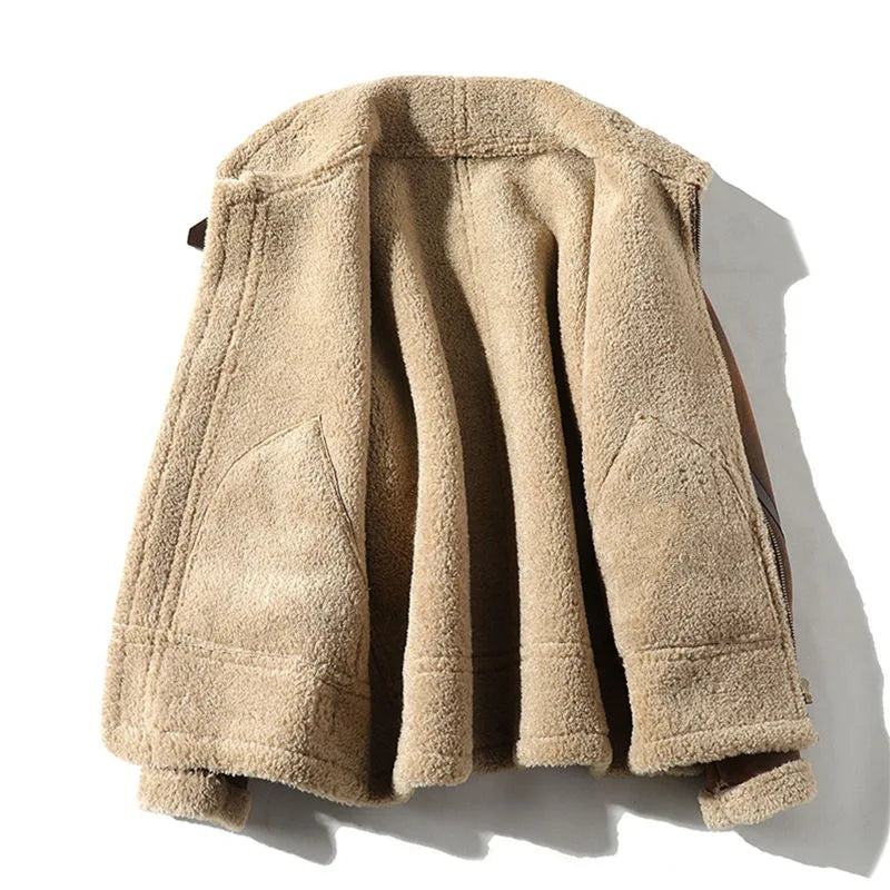 Men's aviator jacket winter shearling look brown warm faux leather jacket