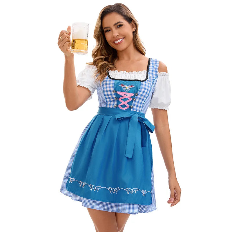 Dirndl Kleid Blau Weiß Kariert mit Schürze und Stickerei