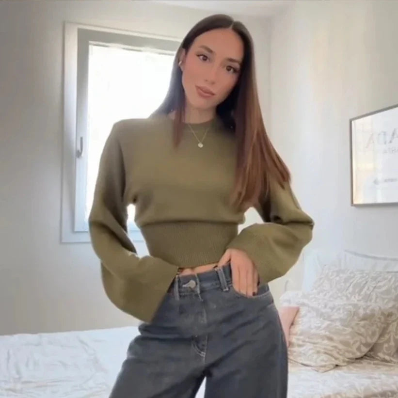 Damen Cropped Pullover Rundhals Langarm