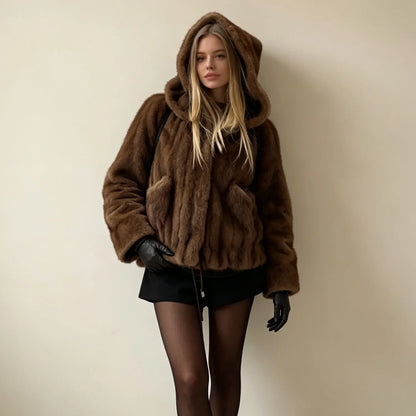 Short women's faux fur jacket with hood and zipper, dark brown