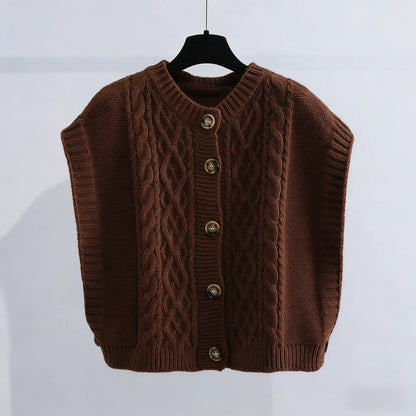 Women's cropped sleeveless cardigan with cable knit pattern, crew neck, and button placket