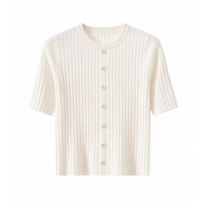 Women's Ribbed Knit Top with Short Sleeves and Button Placket