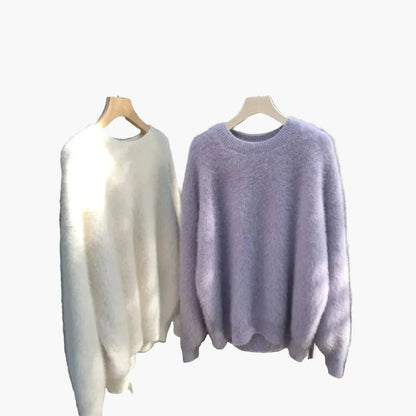 Damen Oversize Pullover mit Rundhalsausschnitt – Lässiger, flauschiger Strickpullover für Herbst und Winter