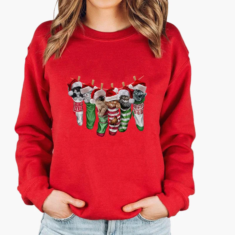 Damen Weihnachtspullover mit Katze, Weihnachtsmütze und Lichterkette – Lustiger Winter-Sweater für Frauen