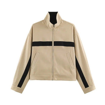Women's cropped jacket with zipper, stand collar, and block stripes
