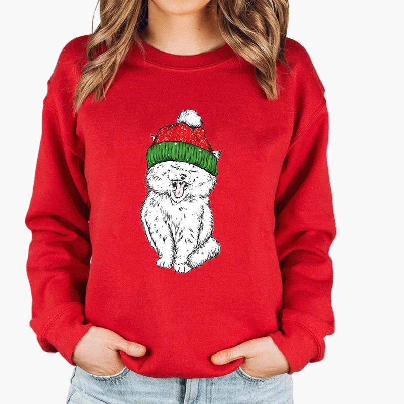 Damen Weihnachtspullover mit Katze, Weihnachtsmütze und Lichterkette – Lustiger Winter-Sweater für Frauen
