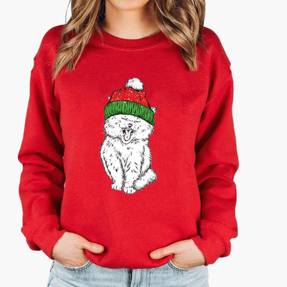 Damen Weihnachtspullover mit Katze, Weihnachtsmütze und Lichterkette – Lustiger Winter-Sweater für Frauen