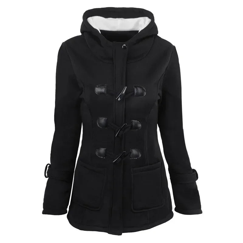 Damen Dufflecoat Schwarz mit Kapuze und Knebelverschlüssen, warm gefüttert