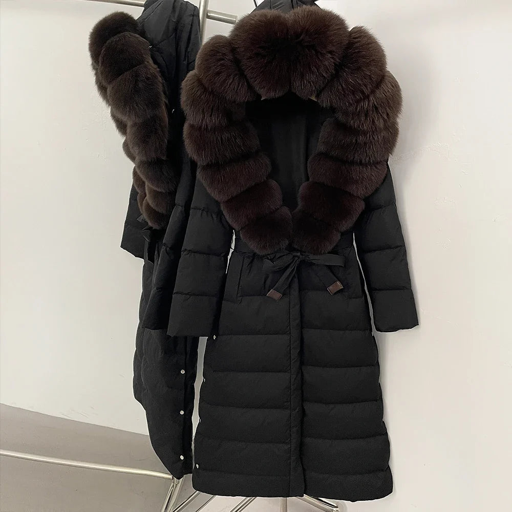 Damen Winter Steppmantel Lang mit Kunstfellkragen Bindegürtel
