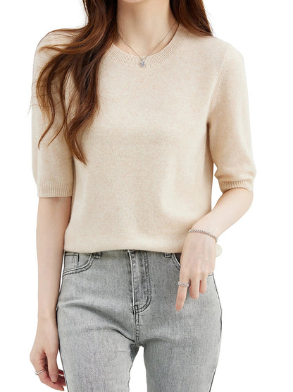 Women's short-sleeve knitted sweater, crew neck, ribbed hem