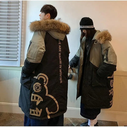 Unisex long winter parka with hood and fur trim, two-tone