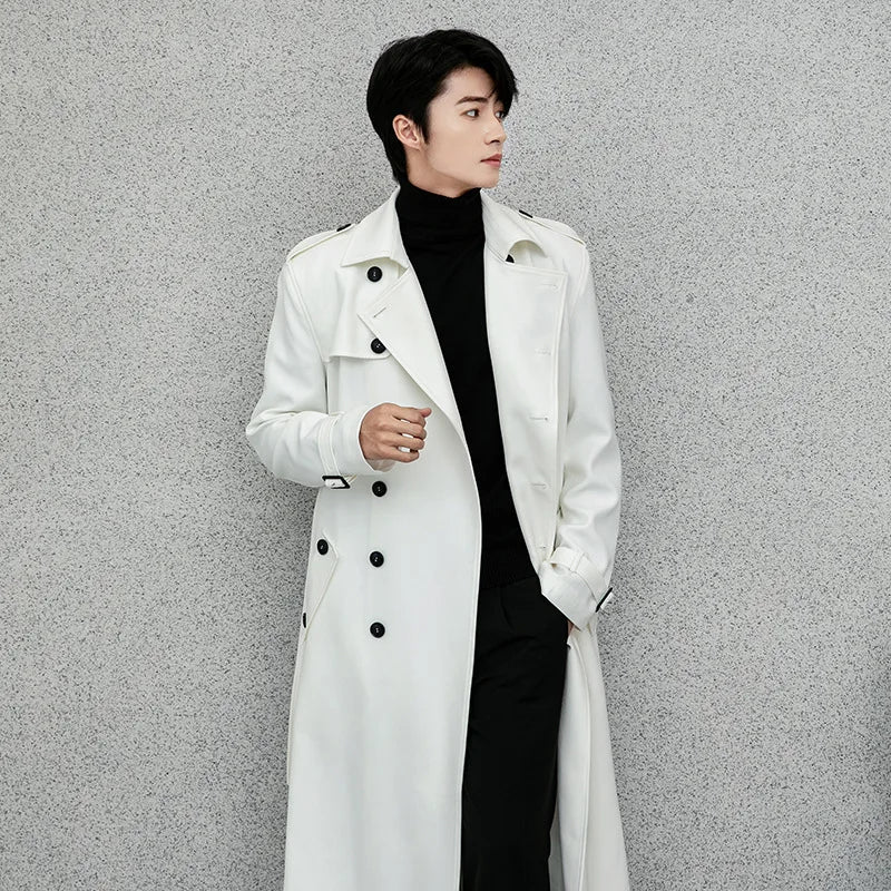 Men's Long Double-Breasted Trench Coat with Belt