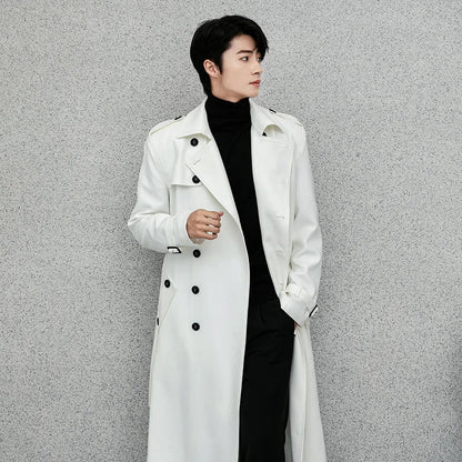 Men's Long Double-Breasted Trench Coat with Belt