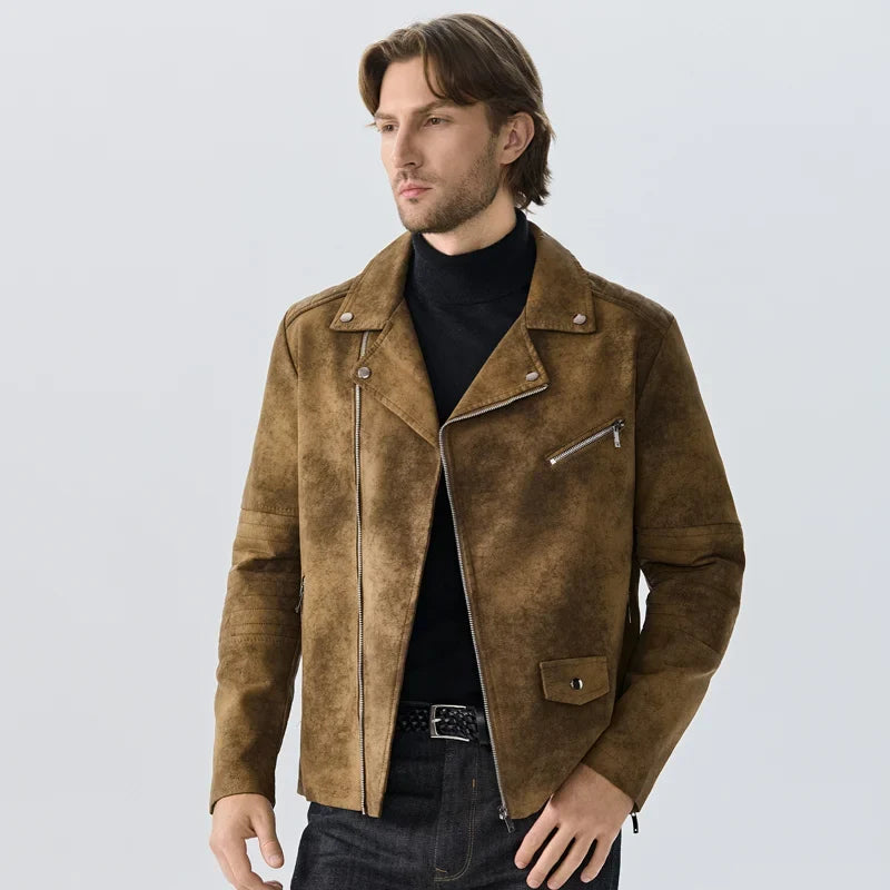 Men's biker jacket in suede look with zippers, brown