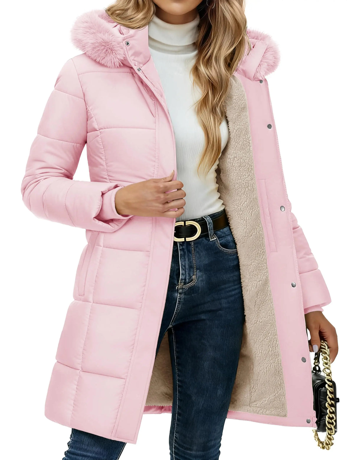 Damen Winter Steppmantel mit Kapuze, Teddyfutter und Kunstpelzbesatz