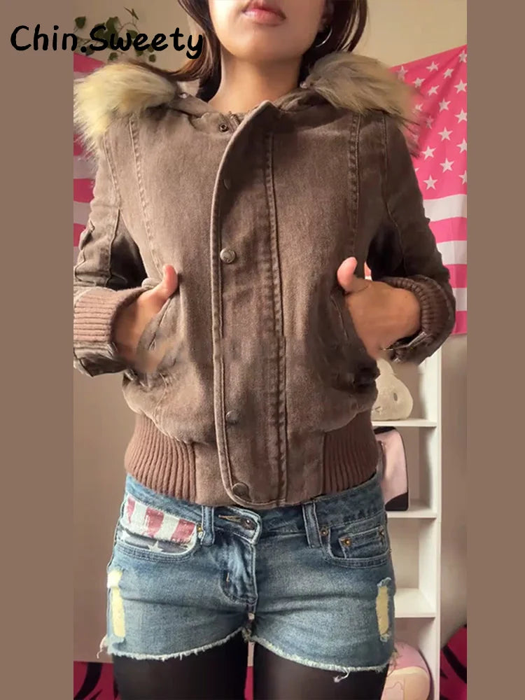 Women's bomber jacket with hood and faux fur collar, brown