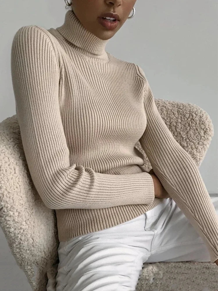 Ribbed women's basic long-sleeved turtleneck sweater