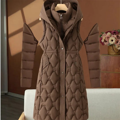 Women's long quilted coat with hood, winter coat, padded, beige