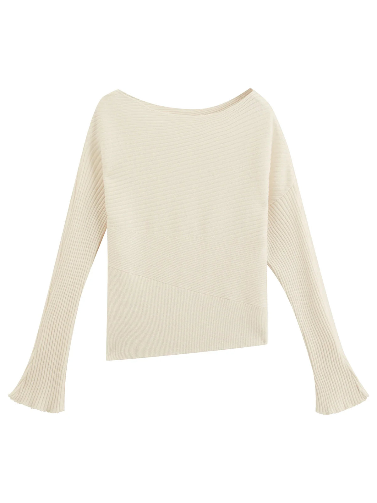Women's Ribbed-Knit Long-Sleeve Boat-Neck Sweater Beige