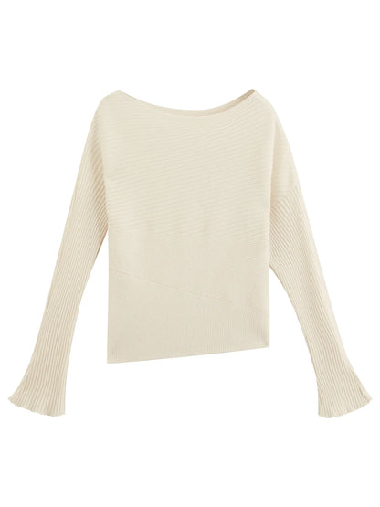 Women's Ribbed-Knit Long-Sleeve Boat-Neck Sweater Beige