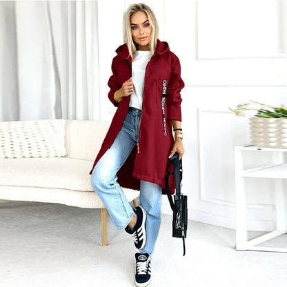 Women's long hooded jacket with zipper, solid color, relaxed fit