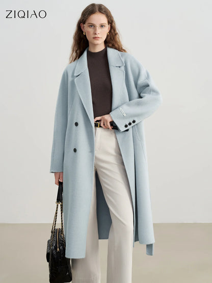 Women's long double-breasted coat, light blue