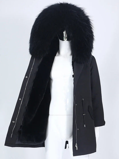 Women's winter parka with hood and fur trim, warm jacket, unisex