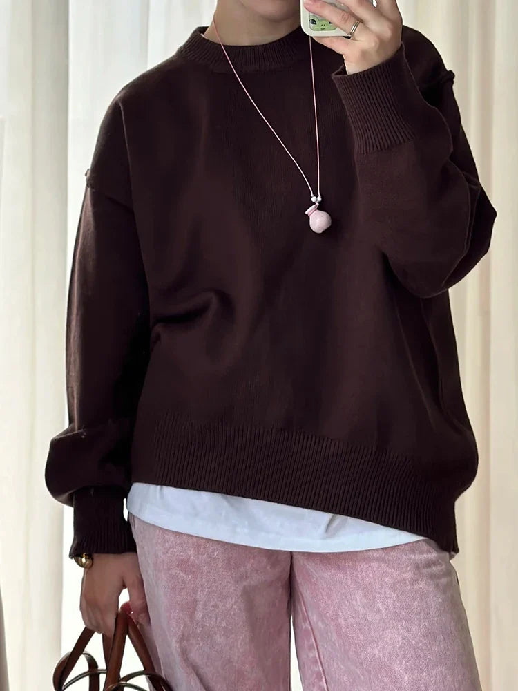 Women's Soft Oversized Crew Neck Long-Sleeve Knit Sweater Yellow