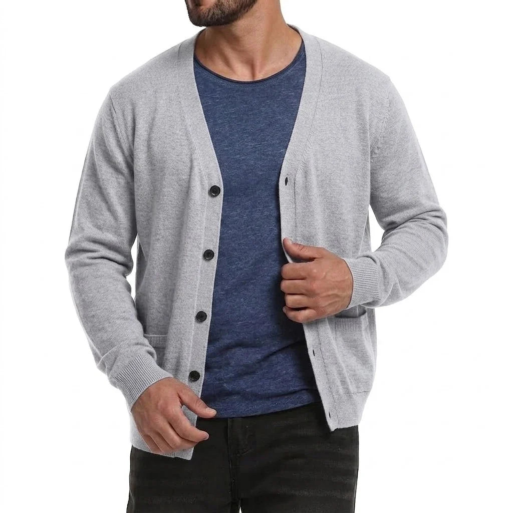 Men's V-neck cardigan with buttons and pockets, heathered look