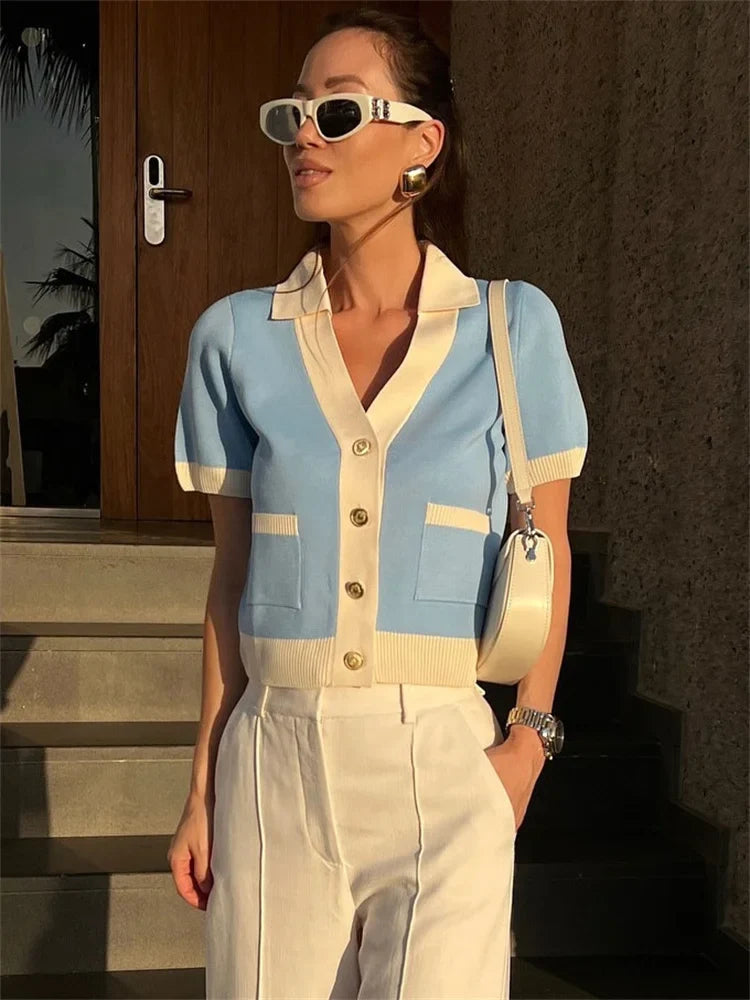 Short-Sleeved Knit Top with Collar and Buttons, Light Blue