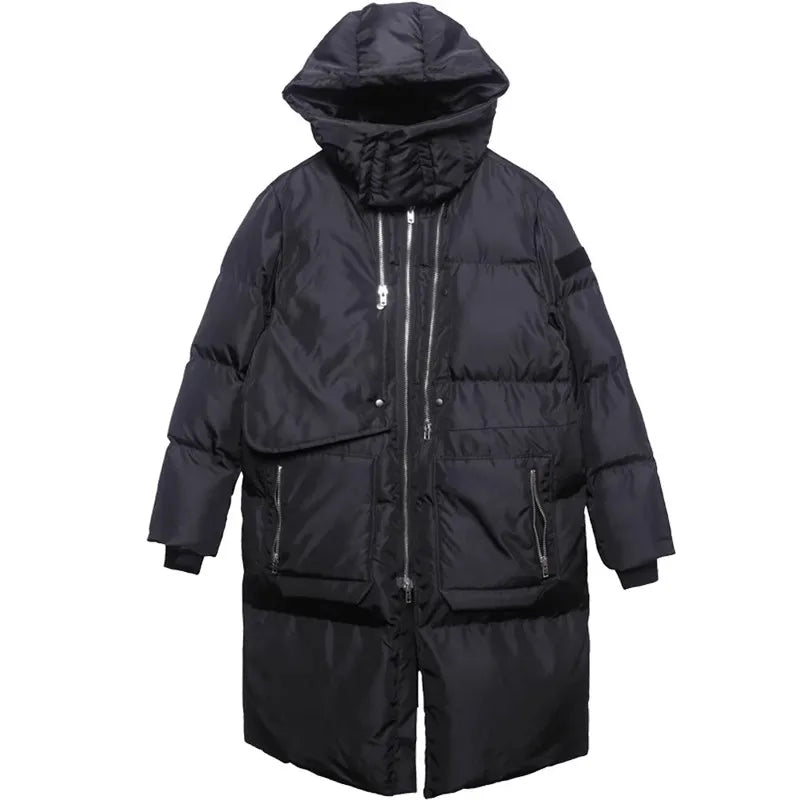 Long black men's quilted winter coat with hood and zippers