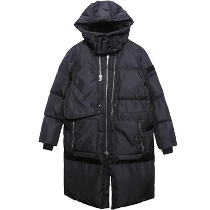 Long black men's quilted winter coat with hood and zippers