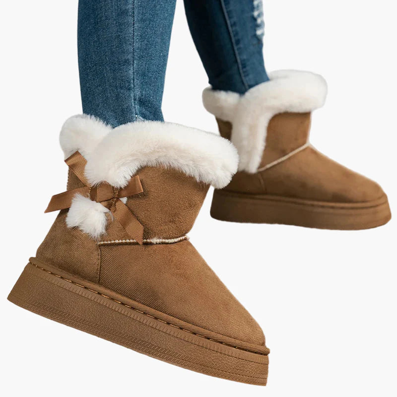 Women's winter ankle boots with bow, warm lined, fashionable casual boots