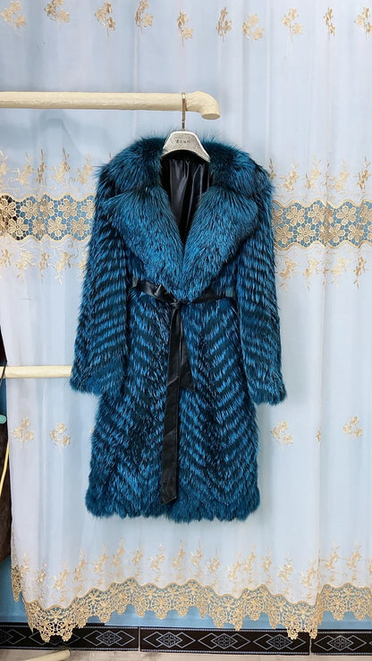 Long women's faux-fur coat with chevron pattern, warm winter coat