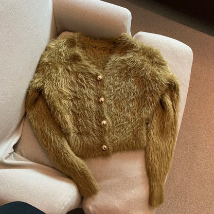 Women's fluffy cardigan with V-neck and gold buttons
