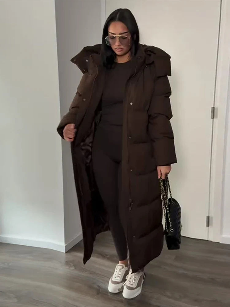 Long women's quilted coat with belt - Dark brown/Black with/without hood