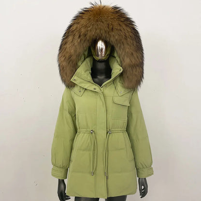 Women's winter parka jacket with fur hood and drawstring waist