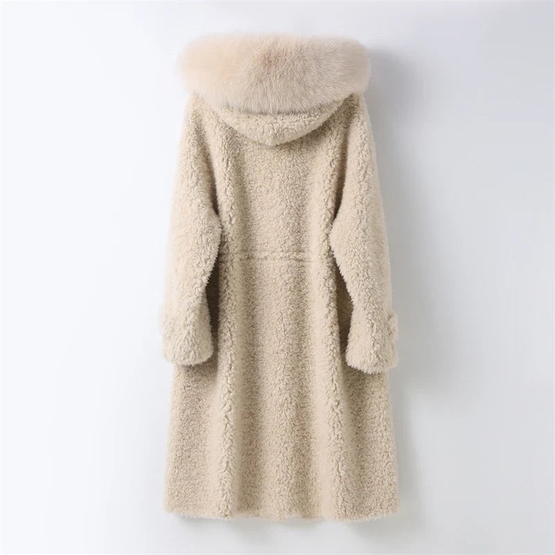 Damen Dufflecoat im Teddy-Stil mit Kapuze und Fellkragen Beige